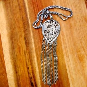 Vintage Large Fillgree Silver tone pendant W/tassles long chain